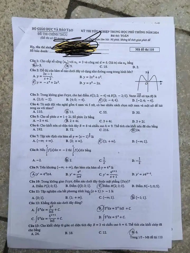 Đề thi THPT Quốc gia môn Toán năm 2024 mã đề 110 1 Đề thi THPT Quốc gia môn Toán năm 2024 mã đề 110 1