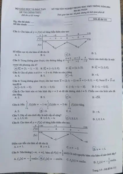 Đề thi THPT Quốc gia môn Toán năm 2024 mã đề 111 1