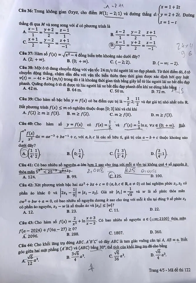 Đề thi THPT Quốc gia môn Toán năm 2024 mã đề 122 4