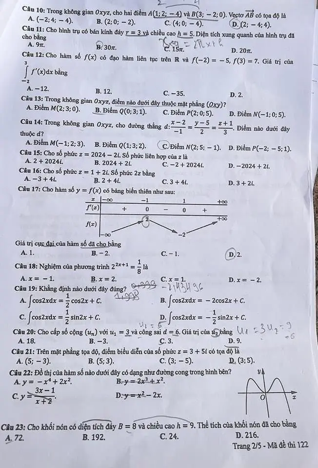 Đề thi THPT Quốc gia môn Toán năm 2024 mã đề 122 2