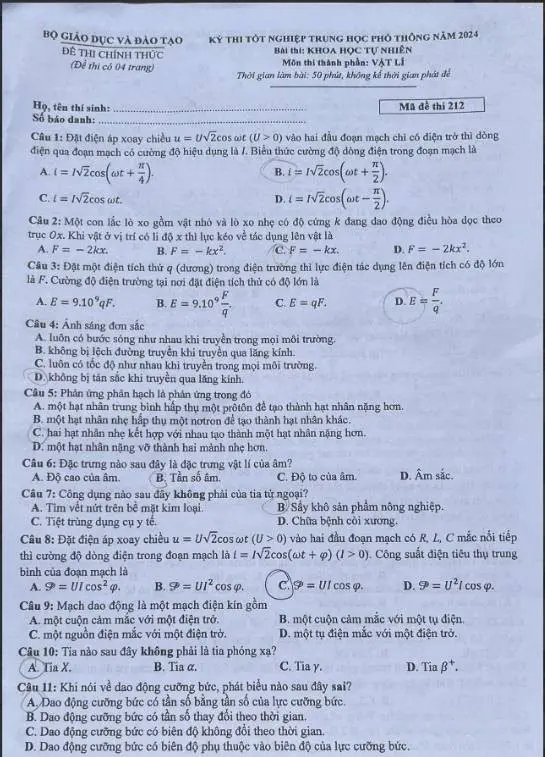 Đề thi THPT Quốc gia môn Vật lí năm 2024 mã đề 212 1
